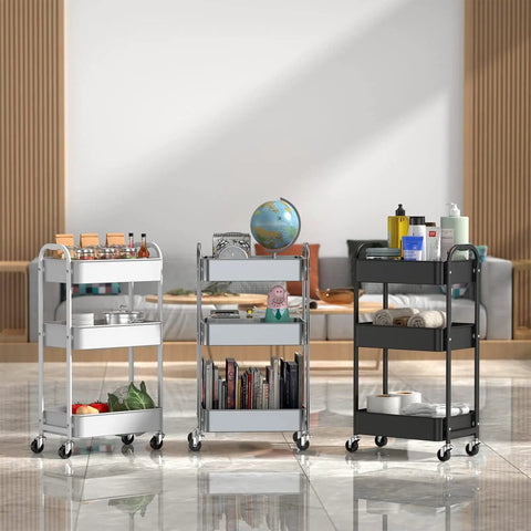 Three 3-Tier Rolling Utility Carts with caster wheels for kitchen and bath, featuring mobile storage and easy glide mobility.