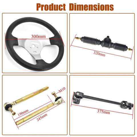 Steering Wheel and Rack Pinion Kit for 110cc Go Karts ATVs Buggy Quads, 300mm wheel, 320mm shaft, 36mm center distance, replacement gear rack, durable tie rod end upgrade