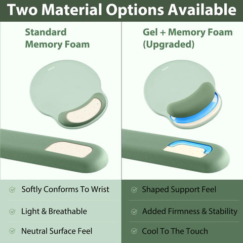 Comparison of standard memory foam and gel memory foam keyboard wrist rest and mouse pad in sage green, 3 In 1 Gel Memory Foam Keyboard Wrist Rest And Mouse Pad Set For Gaming And Office Comfy Ergonomic Cushion Breathable Surface Smooth Glide Wrist Support Sage Green Desk Setup Accessory.