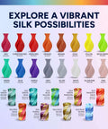 Color palette of Silk PLA Filament 1.75mm in various vibrant shades for 3D printing, includes Silk Gold, with shiny silk finish.