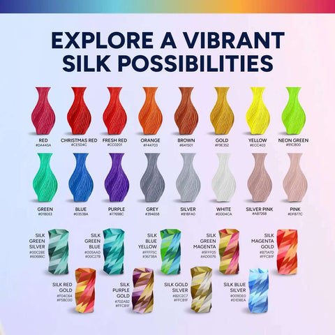 Color palette of Silk PLA Filament 1.75mm in various vibrant shades for 3D printing, includes Silk Gold, with shiny silk finish.
