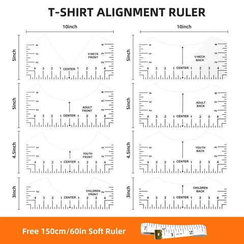 T Shirt Alignment Tool Set, Handy Vinyl Heat Press Kit With Eight Rulers, Soft Measuring Tape, Forty Color Pins, And Front Back Ruler Design For Round And V Neck Cuts, PVC Vinyl Heat Press Accessories For Adult, Youth, And Children displayed in a diagram.
