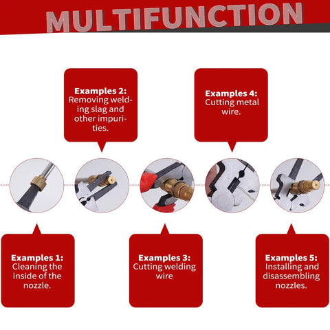 Heavy Duty MIG Welding Pliers With Insulated Handle Long Nose Wire Cutter Pro Grade Multi Function Carbon Steel Welder Pliers for Cutting Splicing Crimping and Gripping Durable Reliable 1 Pack, demonstrating various applications such as removing slag and cutting metal wire.