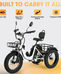 Electric Tricycle For Adults With 750W Peak 1350W Motor And Fat Tire Power 20x4 Folding E Trike 48V 13Ah Battery Three Wheel Ebike With Front And Rear Basket Differential Ultra White Up To 50 Miles In PAS Mode, white frame with baskets