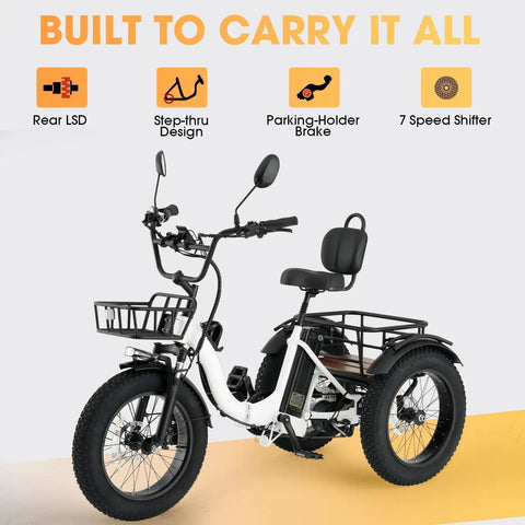 Electric Tricycle For Adults With 750W Peak 1350W Motor And Fat Tire Power 20x4 Folding E Trike 48V 13Ah Battery Three Wheel Ebike With Front And Rear Basket Differential Ultra White Up To 50 Miles In PAS Mode, white frame with baskets