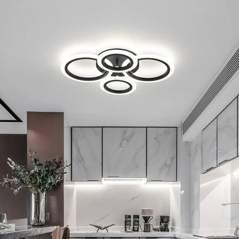 34W Dimmable LED Ceiling Light With Four Ring Black Flush Mount 3000K To 6000K Color Temp Remote Control in modern kitchen