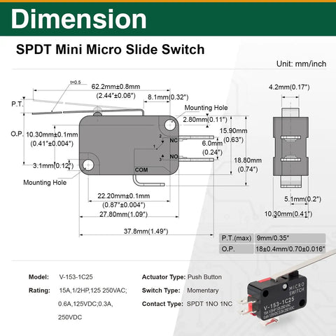 Diagram illustrating dimensions of Heavy Duty Micro Limit Switch With Long Hinge Lever SPDT 1NO 1NC 15A 125 To 250VAC V-153-1C25.