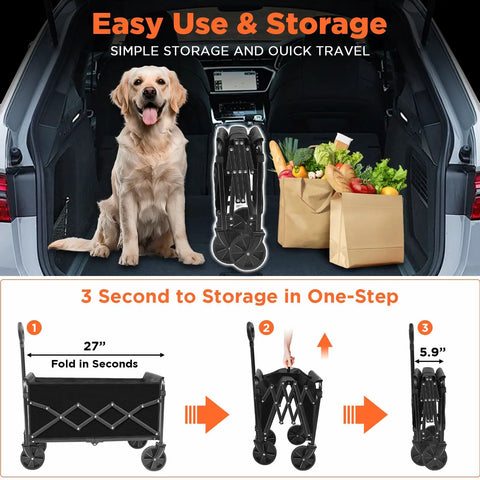 Folded black Grab And Go Foldable Wagon Cart With Wheels For Outdoor Use in car trunk with groceries and dog, showing compact size