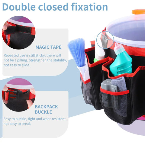 5 Gallon Bucket Tool Organizer And Wash Caddy With 16 Pockets showing magic tape and backpack buckle features
