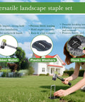 Person using rubber mallet to install 6 Inch Landscape Staples Set 11 Gauge Galvanized U Shaped Garden Stakes 100 Pack for landscaping