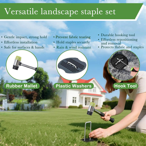 Person using rubber mallet to install 6 Inch Landscape Staples Set 11 Gauge Galvanized U Shaped Garden Stakes 100 Pack for landscaping