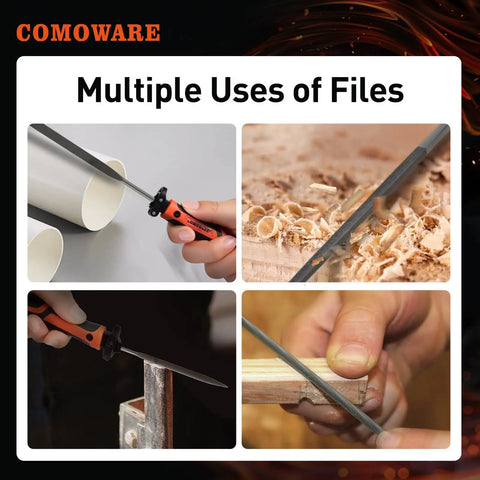 Image showing 12-Piece Metal Needle File Set With 3 Quick Change Blades, used on pipes, wood, metal, and detailed crafting projects.