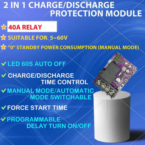 2 In 1 Low Voltage Protector For Batteries, 40A DC 5V To 60V Cutoff With LCD Display, shown with features and module visual
