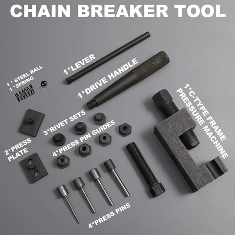 Heavy Duty Chain Breaker And Rivet Tool Set 19 Piece Chain Link Cutter Kit showing all components on grey background