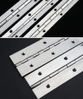 Heavy Duty 12 Inch Continuous Piano Hinge With Pre Drilled Holes Stainless Steel Cabinet Hardware showing polished surface and fastener holes.