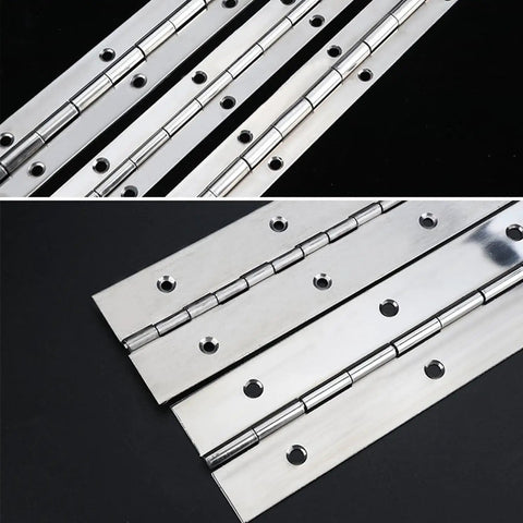 Heavy Duty 12 Inch Continuous Piano Hinge With Pre Drilled Holes Stainless Steel Cabinet Hardware showing polished surface and fastener holes.