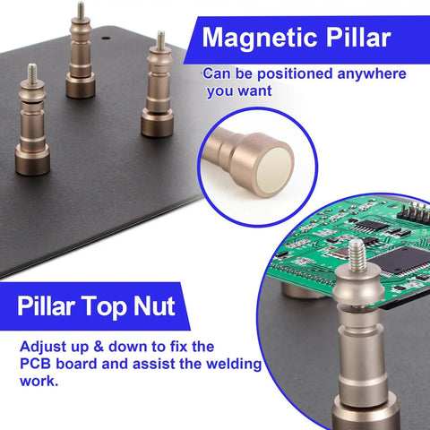 Helping Hands Soldering Clamp Station With 3X LED Magnifier Lamp Magnetic PCB Board Holder detail of magnetic pillars on base