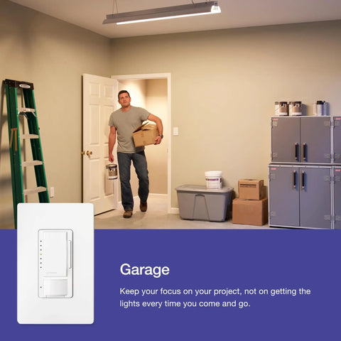 Image of a garage with Hands Free Motion Sensor Dimmer Switch for bathroom, garage, laundry room, black finish visible.