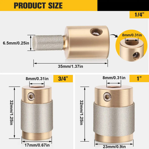 Stained Glass Diamond Grinder Bit Set With Brass Core, Three Sizes In One Pack, drill bits with size measurements displayed.