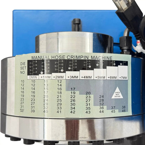 Heavy Duty Electric Hose Crimper 110V Hydraulic Tube Shrinker Machine Beast Mode Build With 8 Precision Dies control panel with size chart.