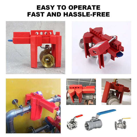 Adjustable Ball Valve Lockout Device For Half Inch To Two And A Half Inch Pipes Red Outdoor Water Spigot Lock Industrial Faucet Handle Locking Kit For Safe Valve Isolation OSHA Compliant Energy Lockout, various angles and applications shown in use.