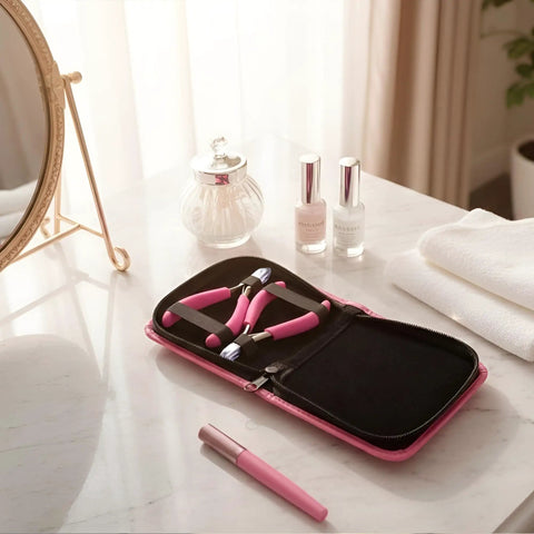 Two Pack Cuticle Nippers And Cutter Set With Pro Grade Ultra Sharp 4mm Jaws Non Slip Comfort Grips Leather Travel Case Stainless Steel Nail Tool For Manicure And Salon Quality Cuticle Care on marble vanity.