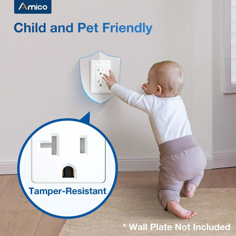 Child reaching for a tamper-resistant wall socket from the 50 Pack Decora Outlet 20 Amp Tamper Resistant Wall Socket White Thermoplastic Receptacle.
