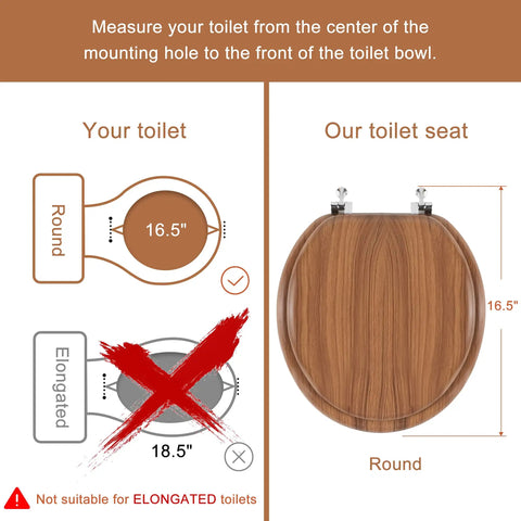 Round Toilet Seat Made From Molded Wood With Zinc Alloy Hinges For No Fuss Quick Install And Easy Cleaning Anti Pinch Design Natural Finish Durable Wooden Toilet Seat, 16.5-inch fit diagram