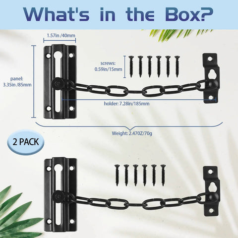 Heavy Duty Stainless Steel Door Lock Set 2 Pack With Thickened Chain Latches For Inside Doors Kid Proof Privacy Lock For Home Easy Install With 12 Screws Durable Security For Family, with size and weight details