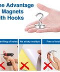 Hand holding a magnetic hook for cruise cabins with images showing no drilling, no sticky residue, and tool-free installation.