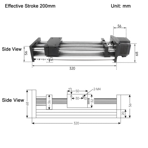 Side view diagram of CNC Linear Motion Stage Actuator with 200mm stroke, 1605 ball screw, 80mm aluminum rail, dual optical axis guide rails.