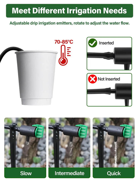 Easy Fit Adjustable Drip Irrigation Drippers Set Of 30 with 360 Degree Flow Control for 4 to 7 Millimeter Tubing demonstrating flow rates.