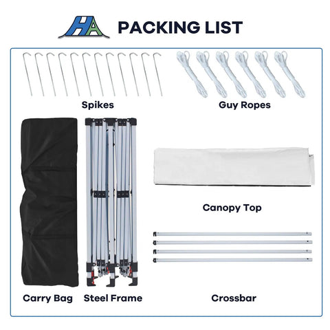 Ten By Twenty Foot Pop Up Canopy Without Sidewall Waterproof Outdoor Shade Tent With Carry Bag For Party Ready Camping Backyard Events Patio White All Season Weatherproof packing list including carry bag, steel frame, canopy top, spikes, guy ropes, and crossbar.