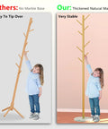 Comparison of coat racks: left - easily tipped over with no marble base, right - stable Heavy Duty Coat Rack With Natural Marble Base And Gold Metal Finish Freestanding Eight Hook Coat Tree For Coats Bags Hats And Jackets Ultra Stable Modern Home Organizer, child touching both.
