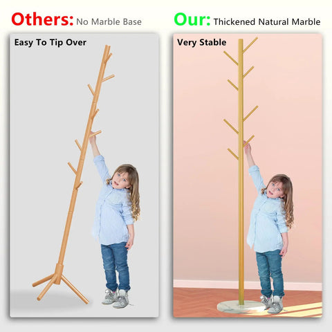 Comparison of coat racks: left - easily tipped over with no marble base, right - stable Heavy Duty Coat Rack With Natural Marble Base And Gold Metal Finish Freestanding Eight Hook Coat Tree For Coats Bags Hats And Jackets Ultra Stable Modern Home Organizer, child touching both.