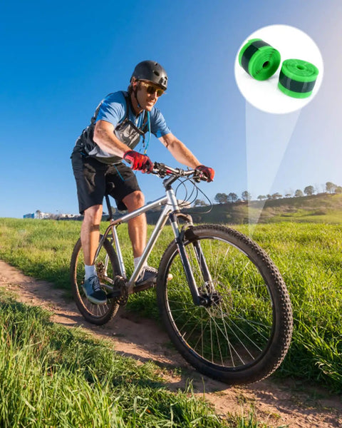Cyclist on trail with inset of Bike Tire Liner Inner Tube Flat Protector For 12in To 29in Wheels, One Size Fits Most, 1mm polyurethane