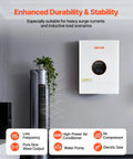 Heavy Lifting 6400W 48V Hybrid Solar Inverter With Built In 120A MPPT Charge Controller mounted on a wall in a modern setting.