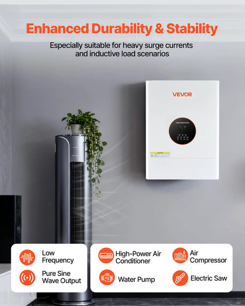 Heavy Lifting 6400W 48V Hybrid Solar Inverter With Built In 120A MPPT Charge Controller mounted on a wall in a modern setting.