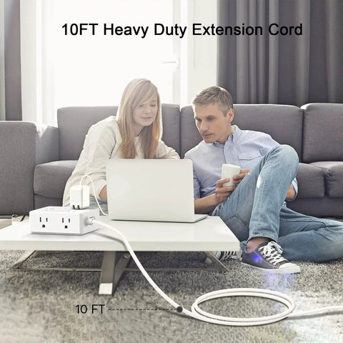 Couple using 10 Foot Extension Cord Heavy Duty Surge Protector Power Strip With Eight Outlets And Four USB Ports