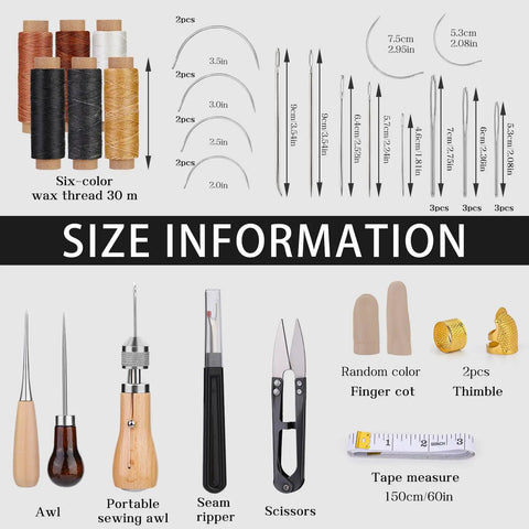 Size chart and components of 40 Piece Sewing Awl Kit With Storage Bag For Leather DIY Repair Portable Stitching Tool Set With Waxed Thread Multiple Needles And Easy Instructions Perfect For Hobbyists And Craft Lovers.