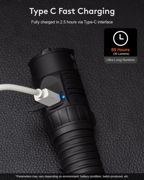S23 Search Flashlight 4000 Lumen Long Throw Hella Bright With 5000mAh Rechargeable Battery, Type-C charging cable connected