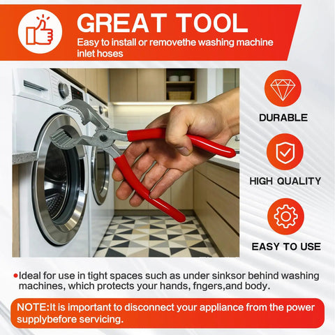 Washer Hose Pliers for Easy Inlet Hose Installation and Removal, Pro Grade Tool for Most Washers, Boss in Tight Spaces, Red
