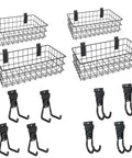 12 Pack Slatwall Organizer Kit with 4 wire baskets and 8 heavy duty hooks for garage, retail display and home storage.