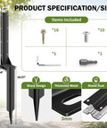 Product specification of 2 Pcs Heavy Duty Fence Post Repair Kit Rustproof Steel Ground Anchors with dimensions and included items.
