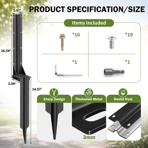 Product specification of 2 Pcs Heavy Duty Fence Post Repair Kit Rustproof Steel Ground Anchors with dimensions and included items.
