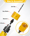 Exploded view showing assembly of Bi-Metal Hole Saw Kit 7-Piece Set with mandrel, saw blade, drill bit, drill chuck.