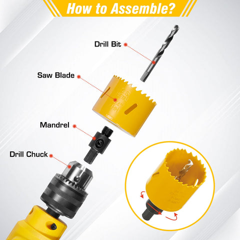 Exploded view showing assembly of Bi-Metal Hole Saw Kit 7-Piece Set with mandrel, saw blade, drill bit, drill chuck.