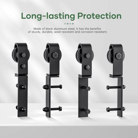 64 Inch Bifold Sliding Barn Door Hardware Track Kit With Side Mounted Black J Shape Rollers in black aluminum steel