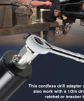 EVRBUL stainless steel top-wind trailer jack crank adapter for cordless drill with 1/2-inch socket bit, side view