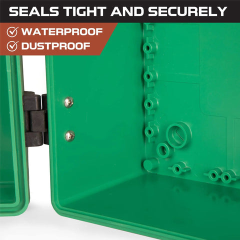 Interior view of Beefy Outdoor Junction Box Waterproof IP65 Enclosure With Hinged Green Panel Cover Extra Large ABS Plastic